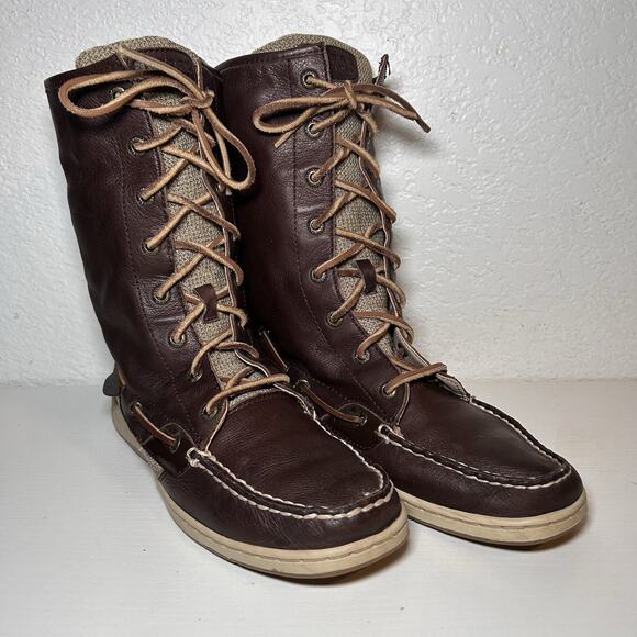 Sperry Top Sider Brown Lace Up Mid Calf Fold Over Boat Boots Size 9 M 9173865 - Picture 1 of 14